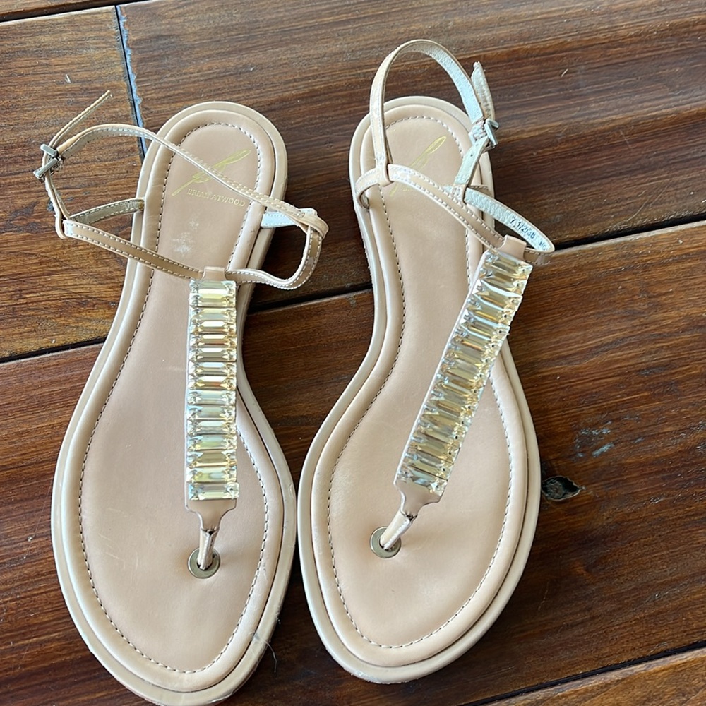 Brian Atwood Nude Gold Embellished T-Strap Sandals